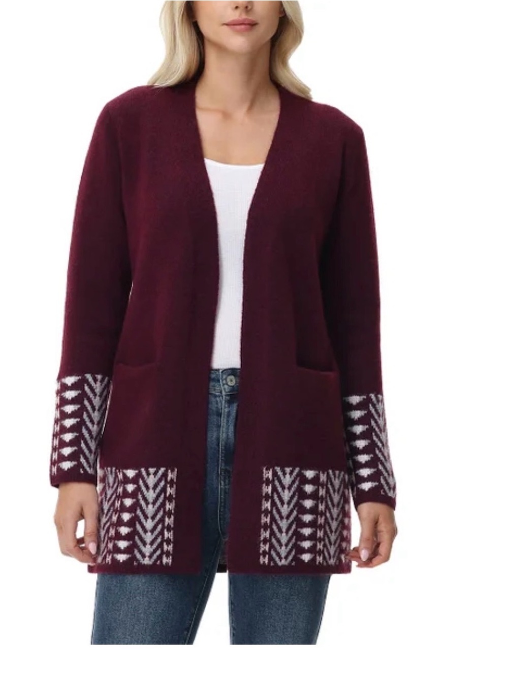 Frye Burgundy and White Open-Front Knit Cardigan